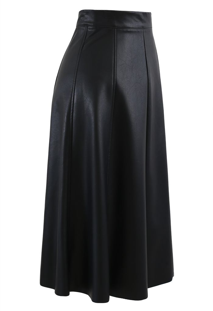 Soft Faux Leather Seamed A-Line Skirt in Black