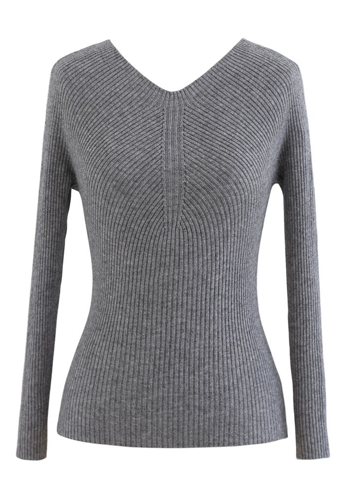 Seamless V-Neck Ribbed Knit Top in Grey