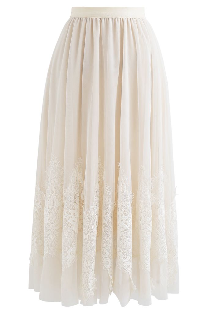 Tassel Lace Double-Layered Tulle Mesh Skirt in Cream