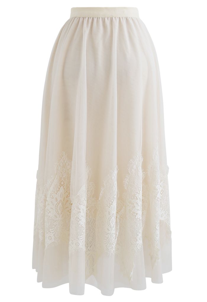 Tassel Lace Double-Layered Tulle Mesh Skirt in Cream