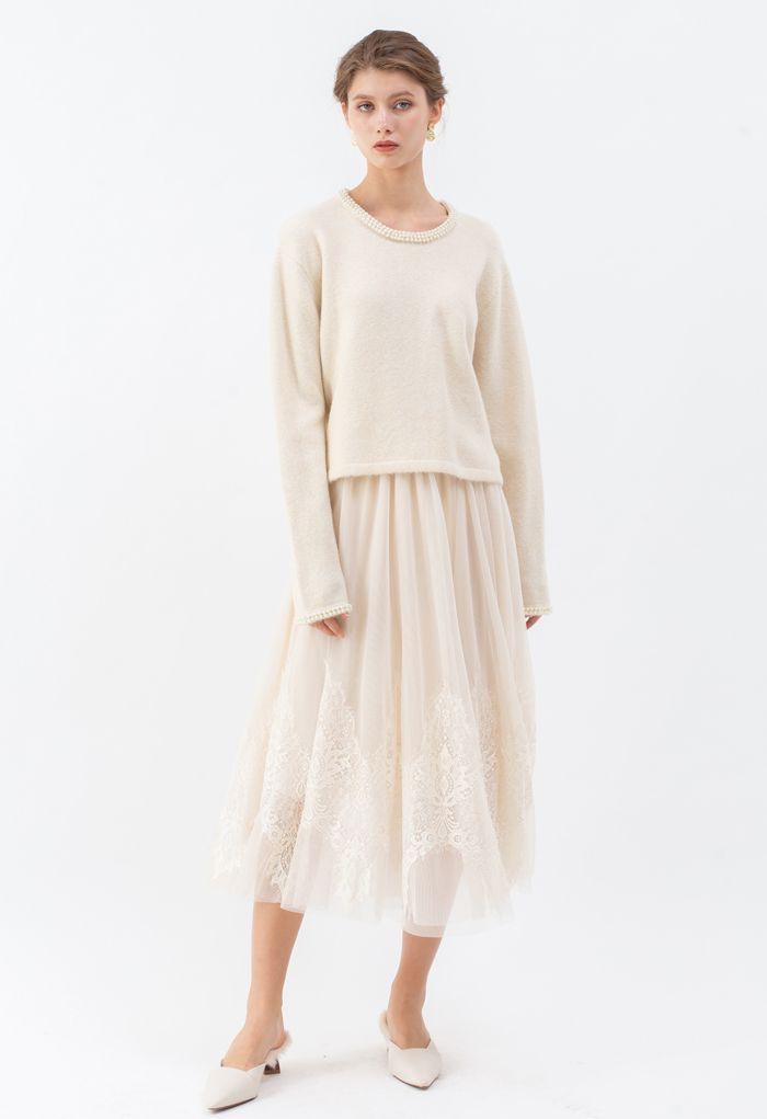 Tassel Lace Double-Layered Tulle Mesh Skirt in Cream