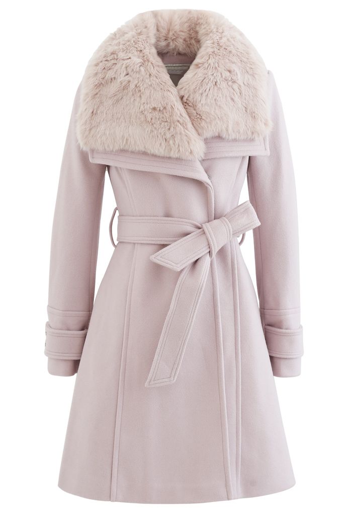 Faux Fur Wide Lapel Wool-Blend Coat in Pink