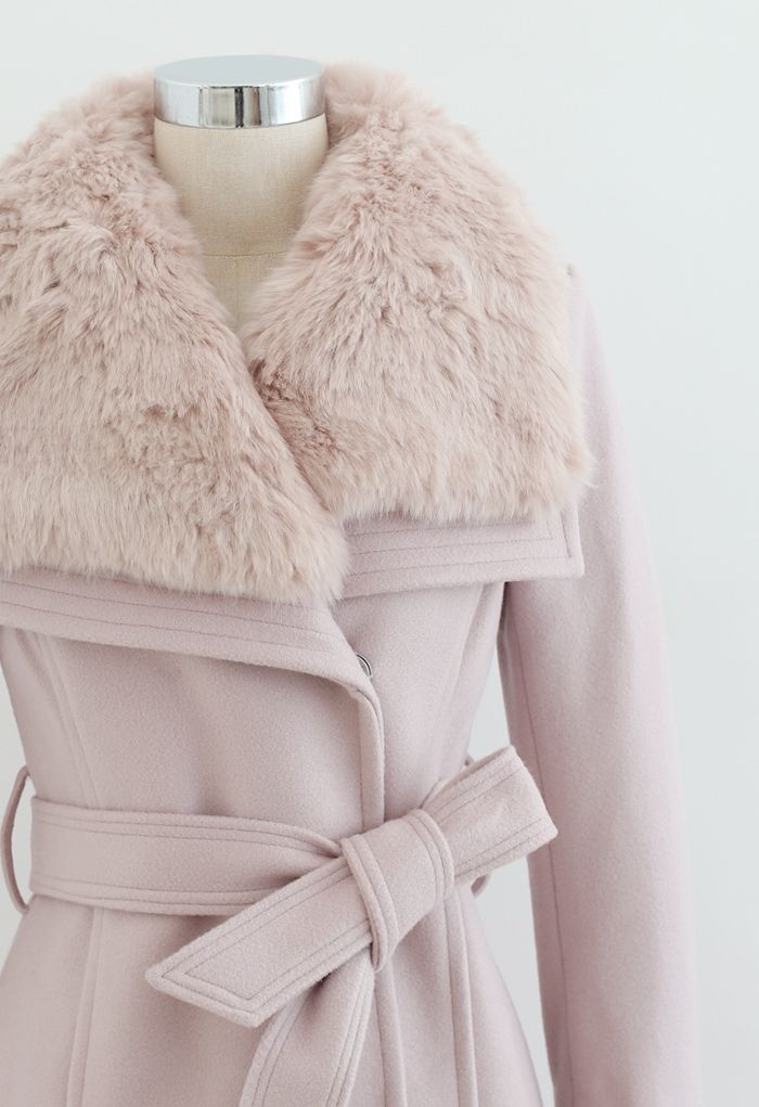 Faux Fur Wide Lapel Wool-Blend Coat in Pink