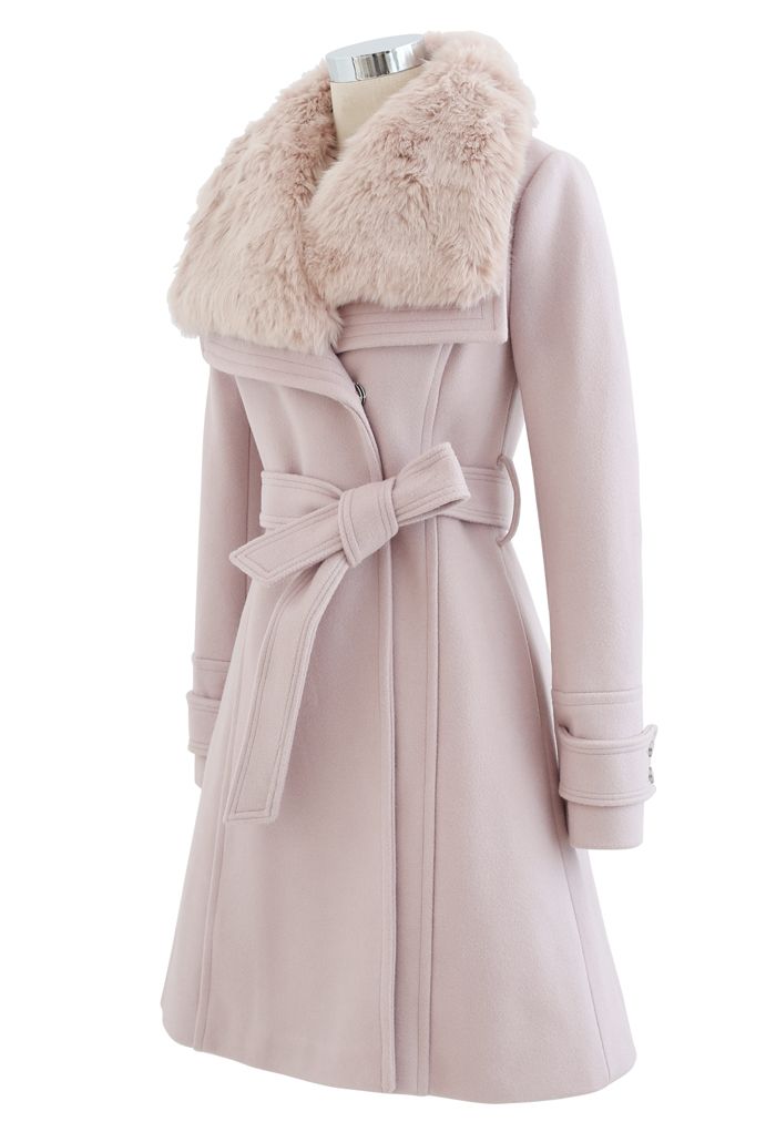 Faux Fur Wide Lapel Wool-Blend Coat in Pink