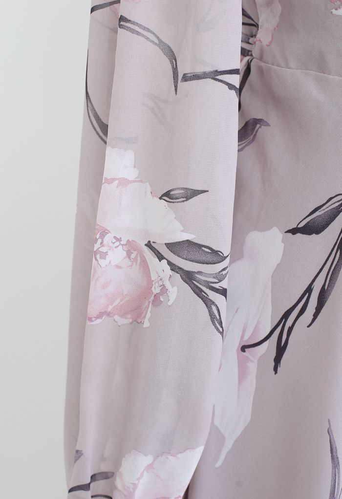 Stunning Lavender Floral Print Wrap Chiffon Maxi Dress