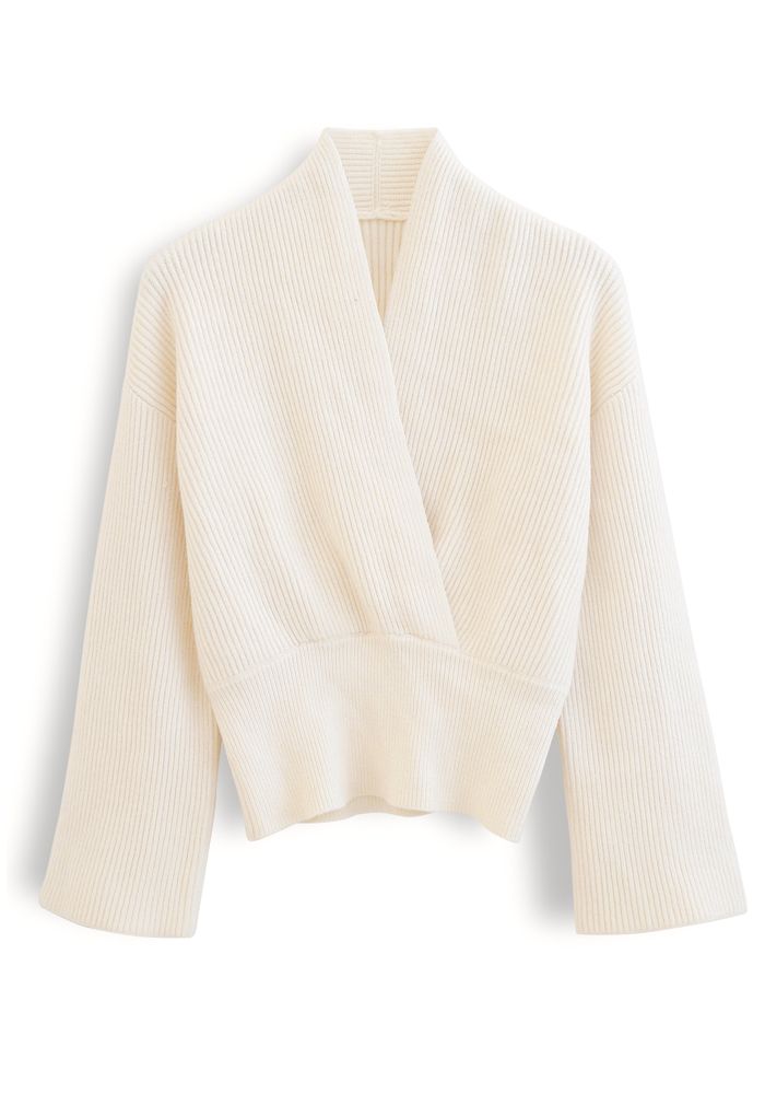 Ribbed Flare Sleeves Wrap Knit Top in Ivory