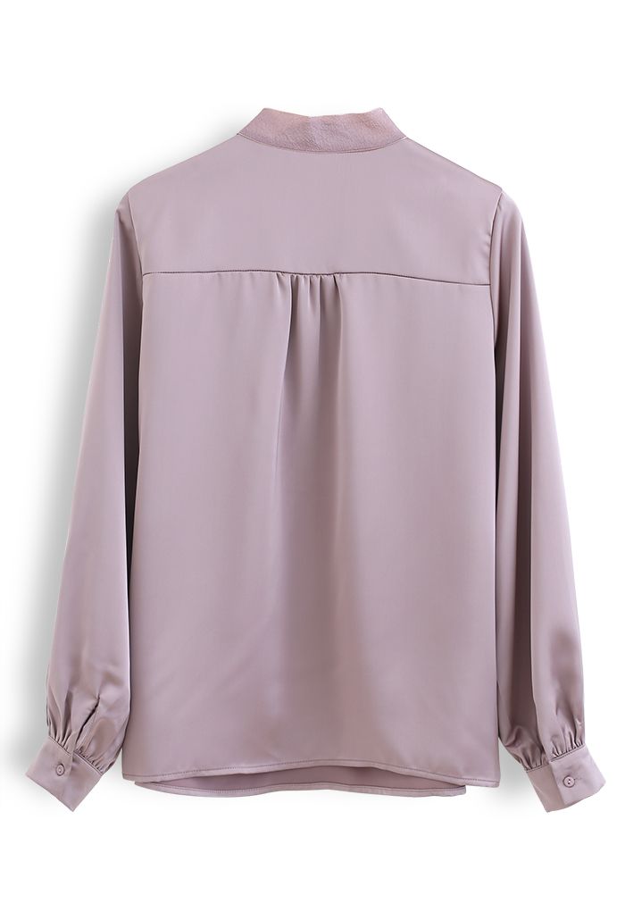 Satin Bowknot Neck Long Sleeves Top in Purple