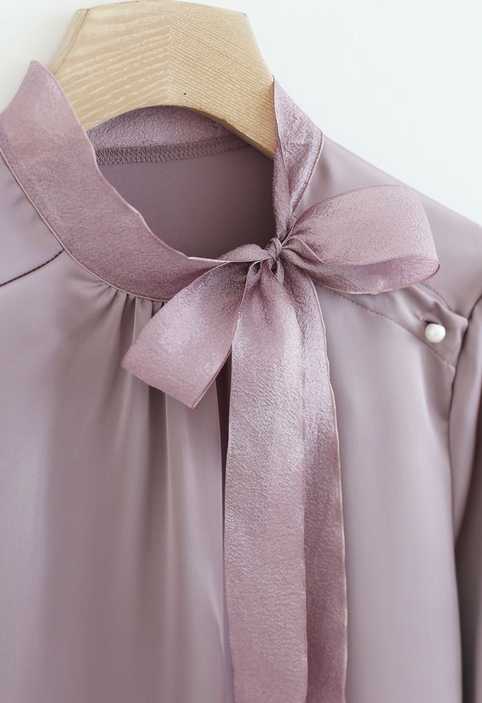 Satin Bowknot Neck Long Sleeves Top in Purple