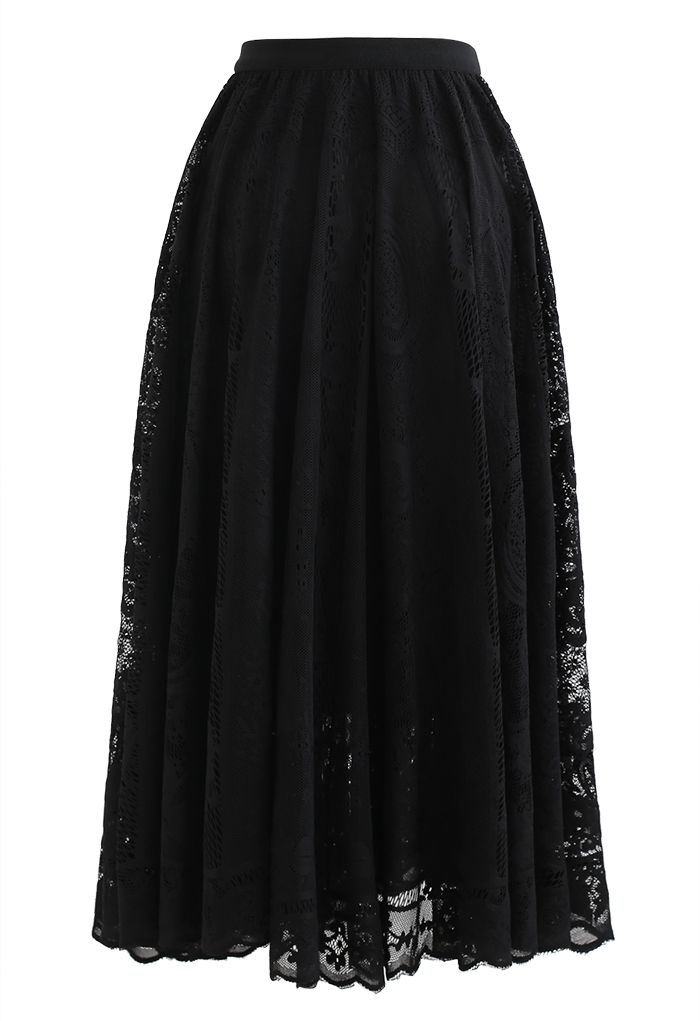 Divine Floral Lace Midi Skirt in Black