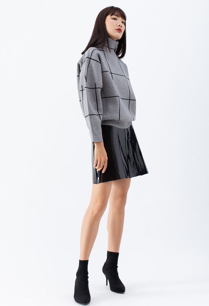 Grid Turtleneck Sweater in Grey