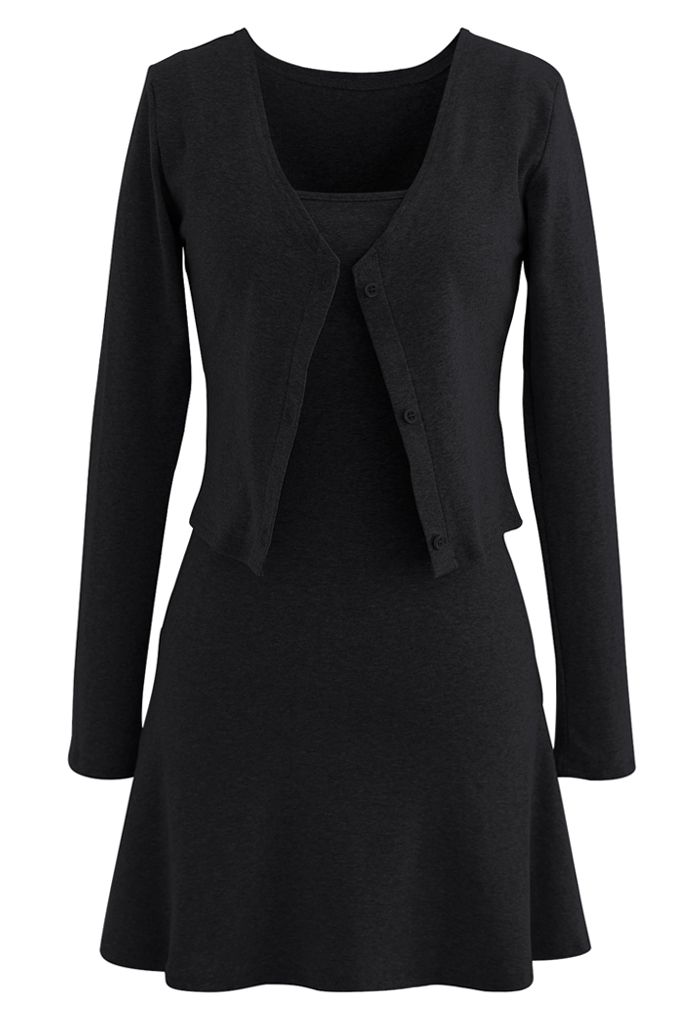 Cotton Blend V-Neck Button Twinset Dress in Black