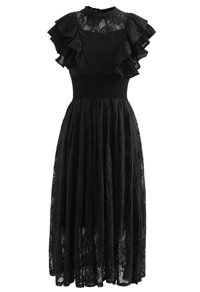 Tiered Ruffle Sleeveless Midi Lace Dress in Black