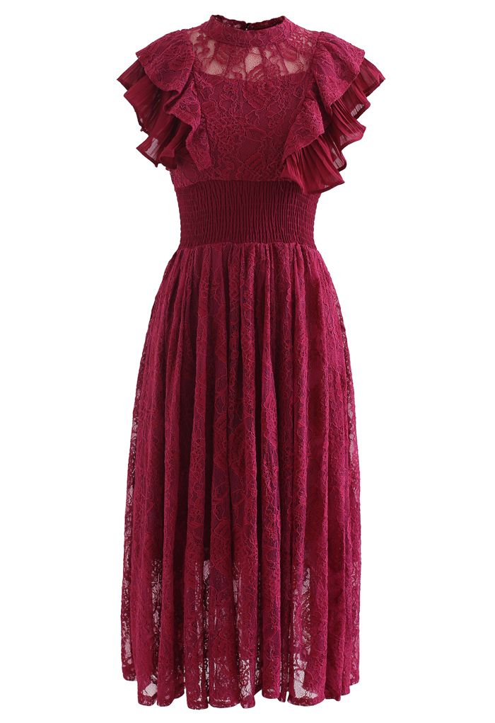 Tiered Ruffle Sleeveless Midi Lace Dress in Wine