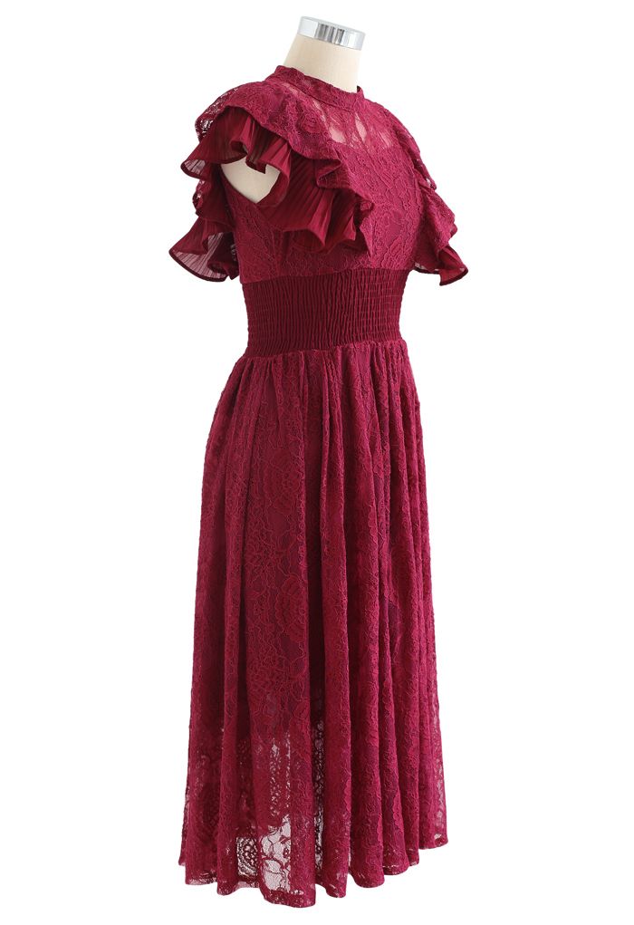 Tiered Ruffle Sleeveless Midi Lace Dress in Wine