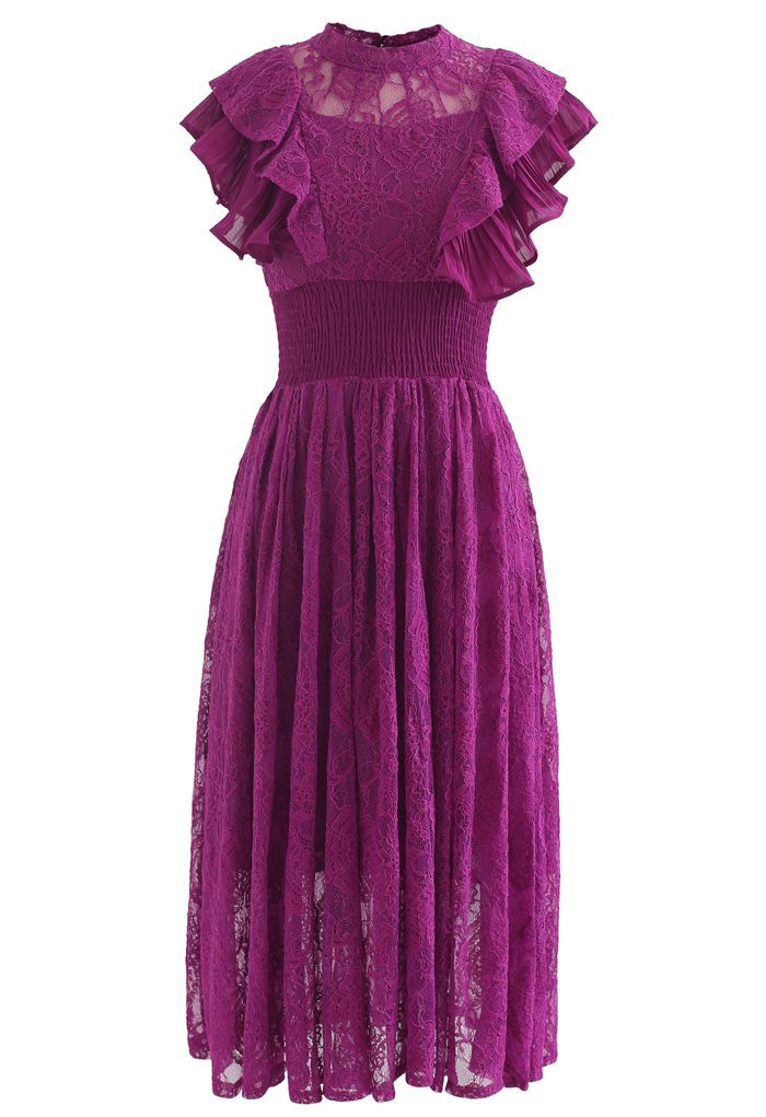 Tiered Ruffle Sleeveless Midi Lace Dress in Magenta