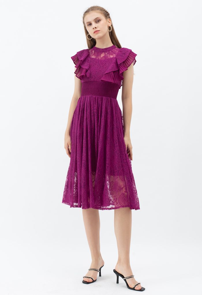 Tiered Ruffle Sleeveless Midi Lace Dress in Magenta