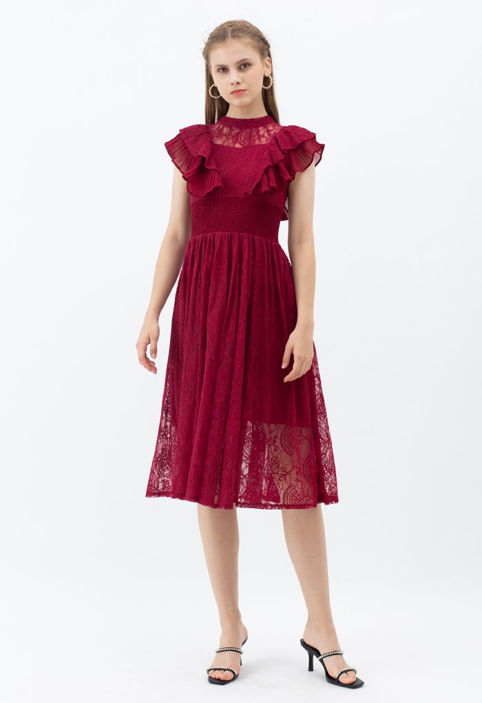 Tiered Ruffle Sleeveless Midi Lace Dress in Wine