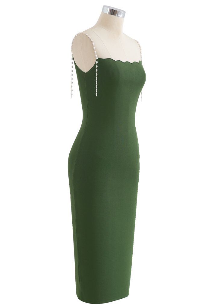 Pearl Straps Bodycon Knit Cami Dress in Green