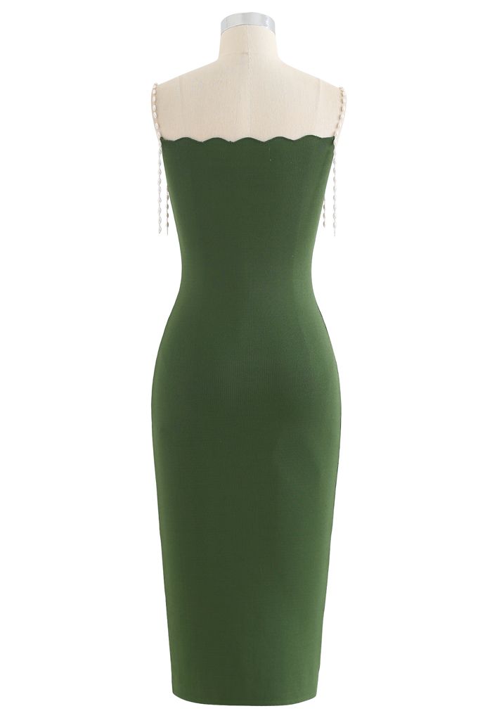 Pearl Straps Bodycon Knit Cami Dress in Green