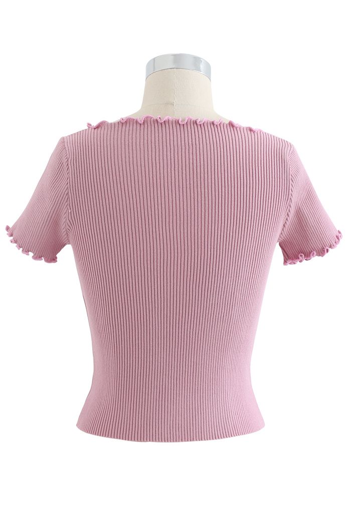 lettuce Edge Lace-Up Crop Knit Top in Pink