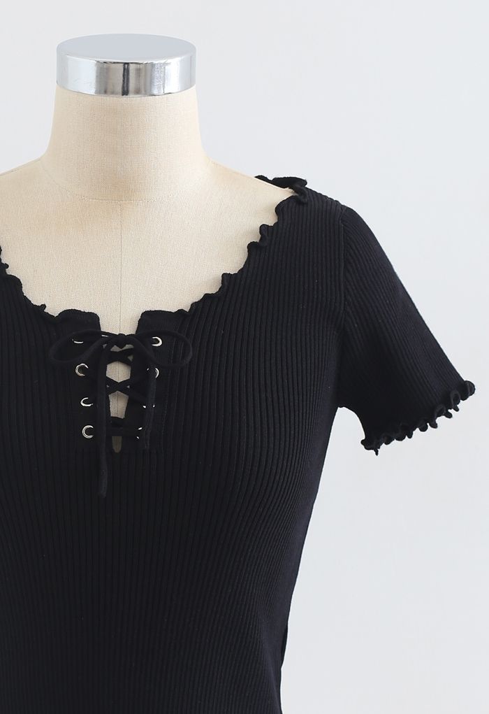 lettuce Edge Lace-Up Crop Knit Top in Black