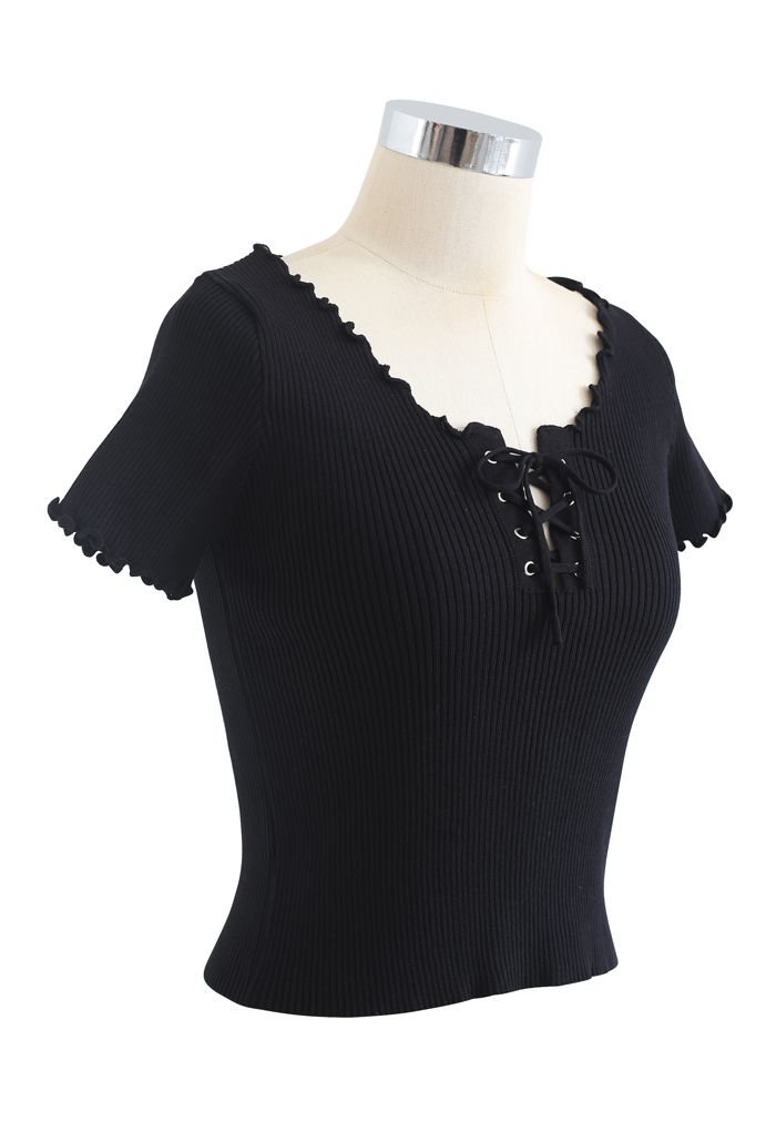 lettuce Edge Lace-Up Crop Knit Top in Black