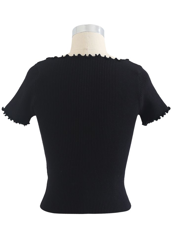 lettuce Edge Lace-Up Crop Knit Top in Black