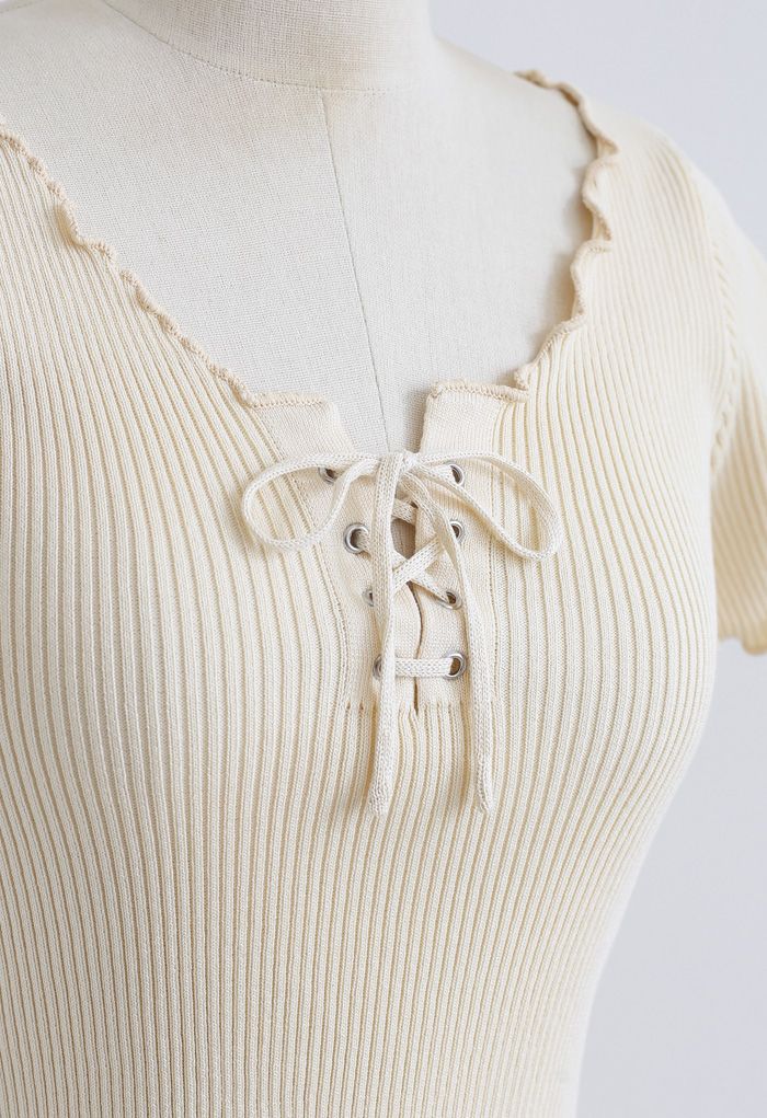 lettuce Edge Lace-Up Crop Knit Top in Light Yellow