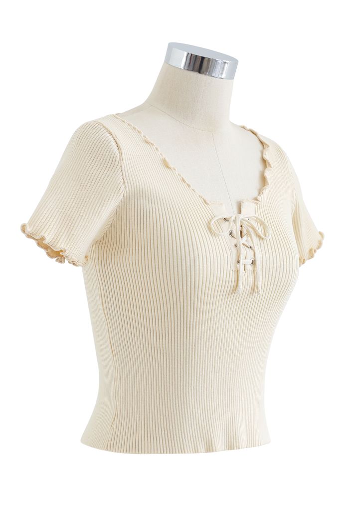 lettuce Edge Lace-Up Crop Knit Top in Light Yellow