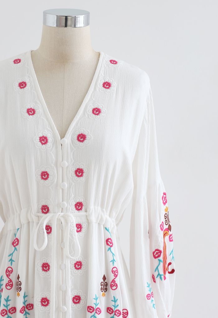 Button Down Embroidered Boho Maxi Dress