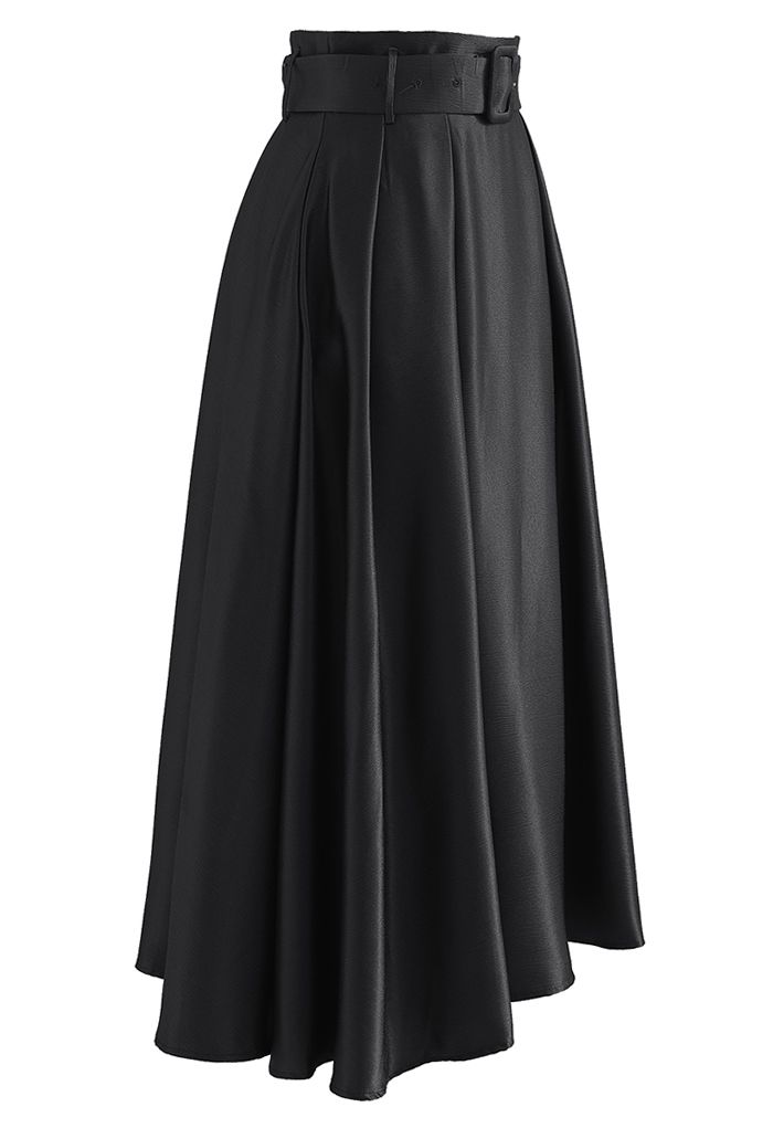 Belted Texture Flare Maxi Skirt in Black