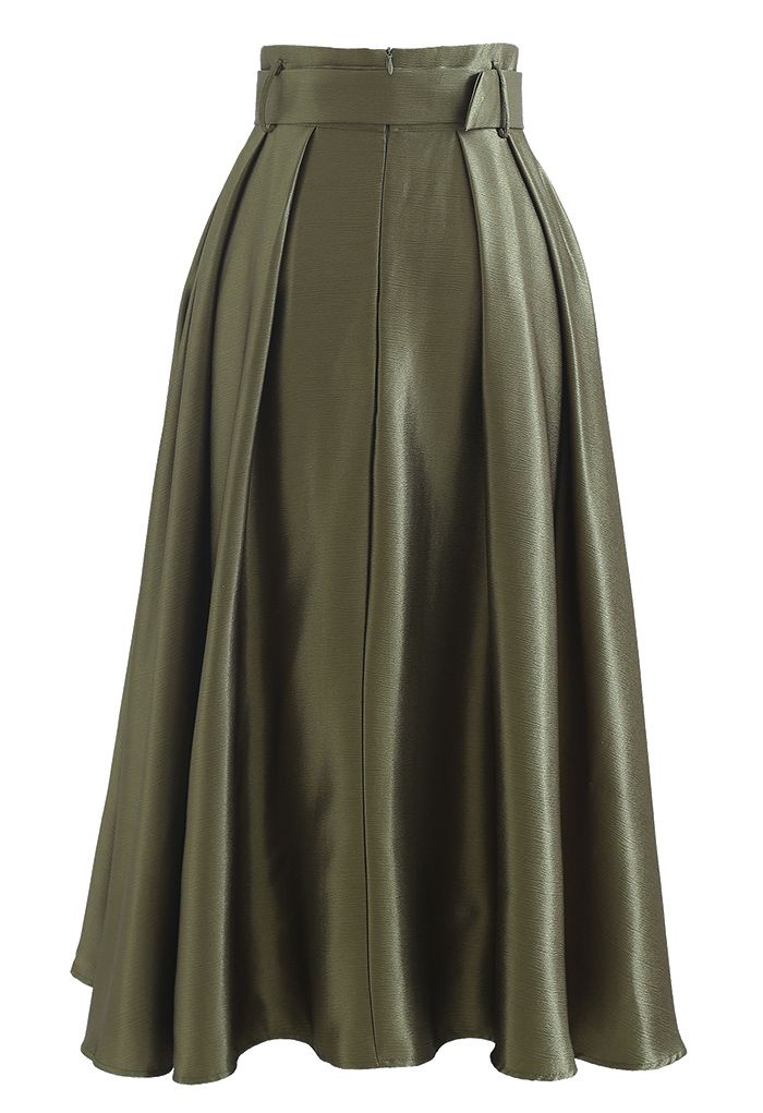 Belted Texture Flare Maxi Skirt in Moss Green