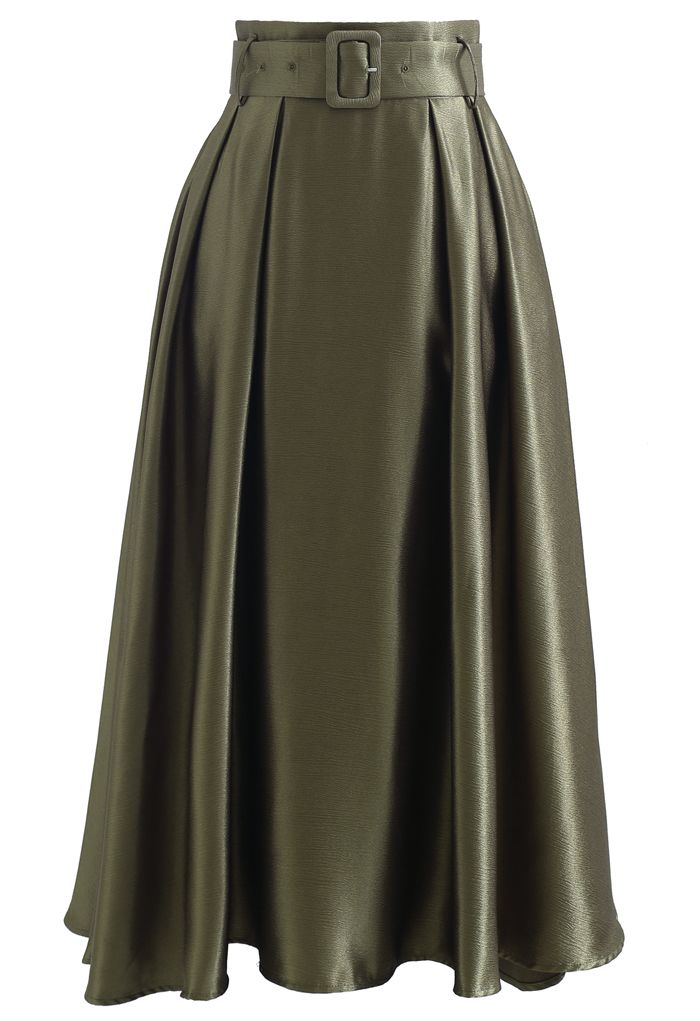 Belted Texture Flare Maxi Skirt in Moss Green