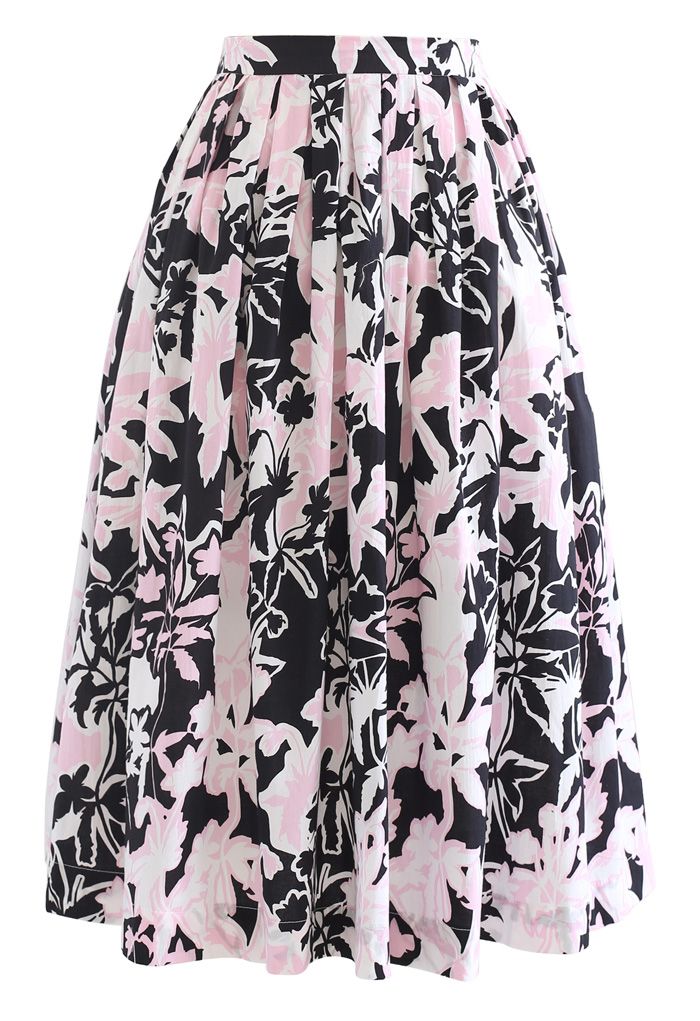 Summer Floral Print Pleated Midi Skirt in Black