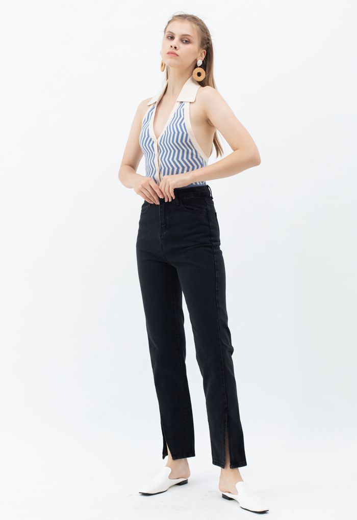 Slit Cuffs High Waist Soft Jeans in Black