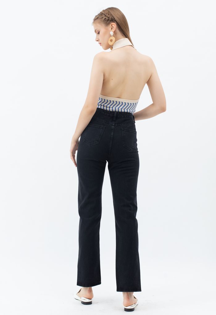 Slit Cuffs High Waist Soft Jeans in Black