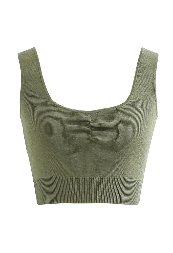 Ruched Front Knit Crop Tank Top in Army Green