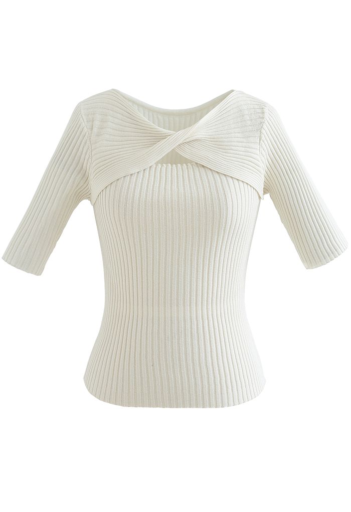 Dual-Use Twist Fitted Knit Top in Ivory