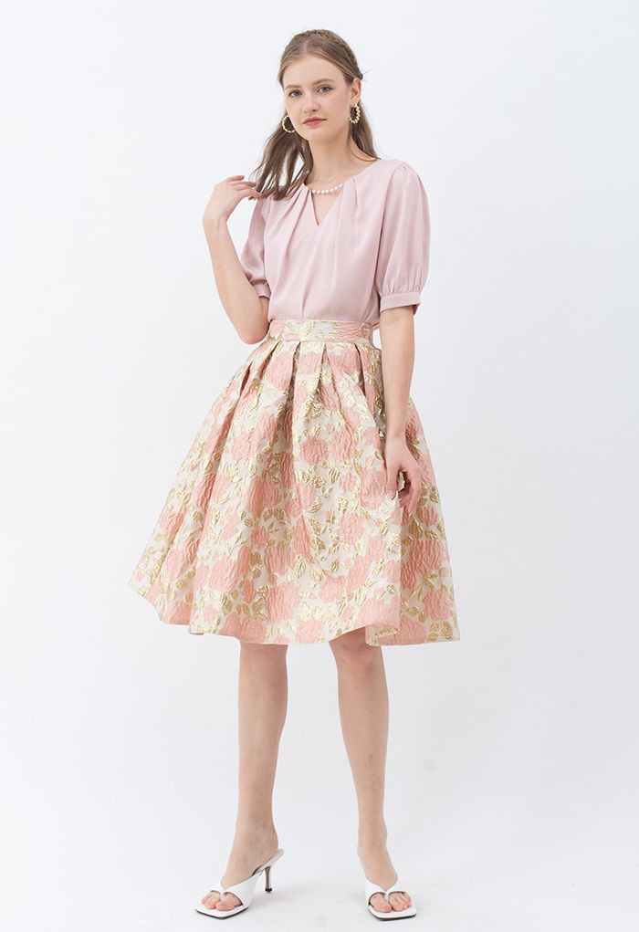 Charming Rose Jacquard Embossed Pleated Skirt