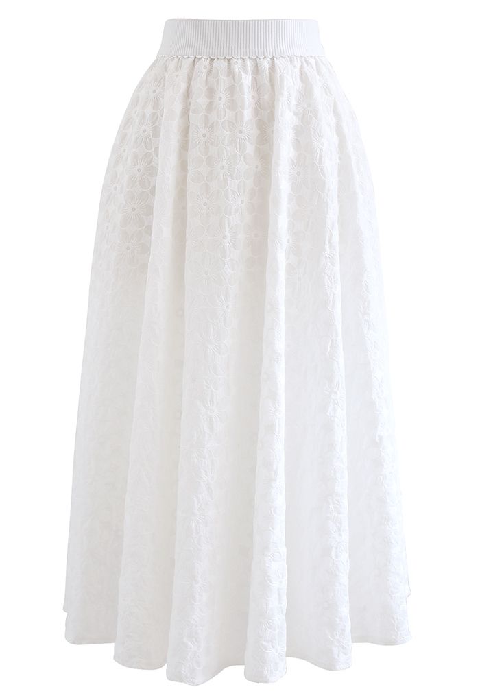 Embroidered Daisy Midi Skirt in White