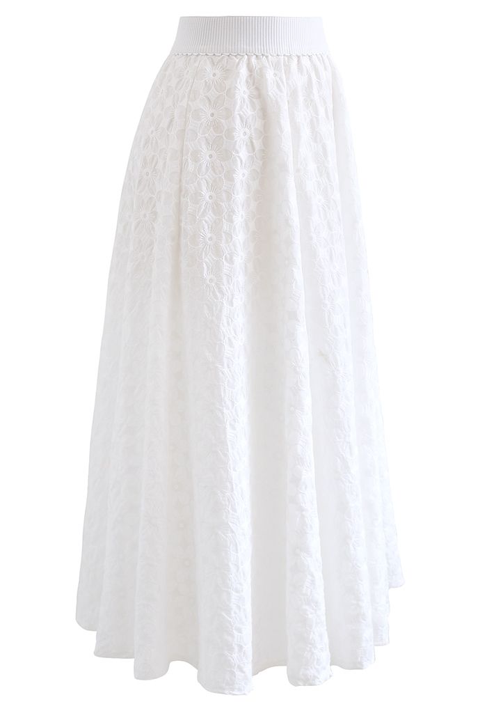 Embroidered Daisy Midi Skirt in White