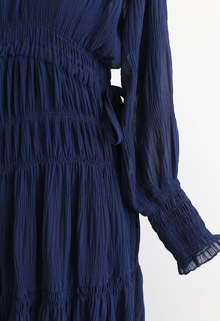 Full Shirring Side Drawstring Chiffon Dress in Navy