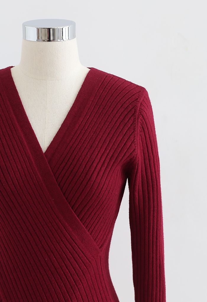 Crisscross Fitted Rib Knit Top in Wine