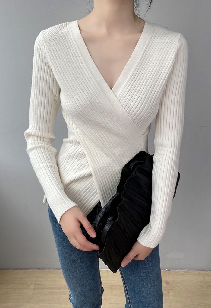 Crisscross Fitted Rib Knit Top in White