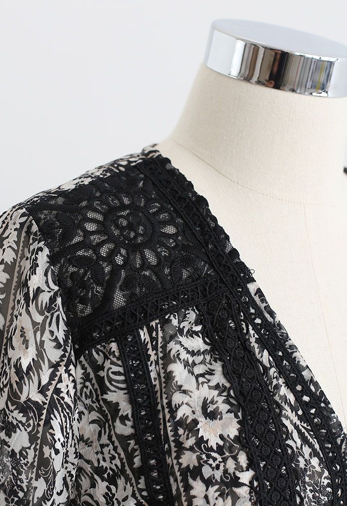 Black Floral Jacquard Crochet Trim Sheer Maxi Dress