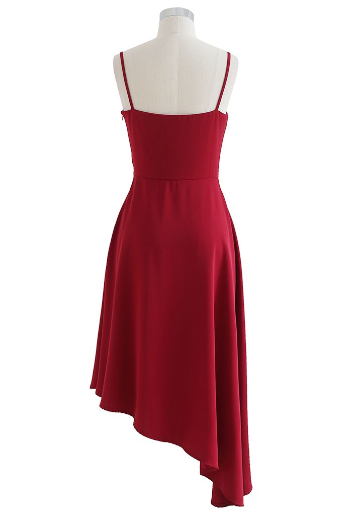 Pearl Trim Ruched Draped Asymmetric Cami Dress in Red