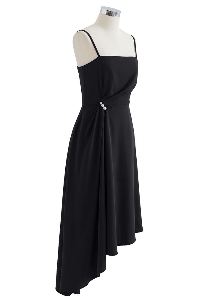 Pearl Trim Ruched Draped Asymmetric Cami Dress in Black