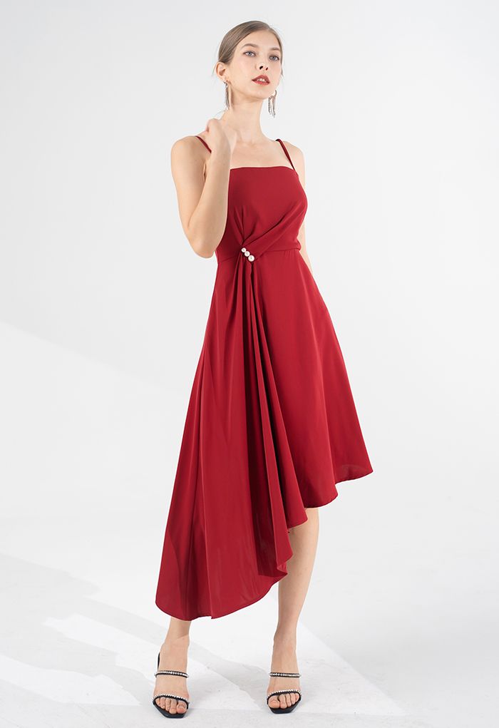 Pearl Trim Ruched Draped Asymmetric Cami Dress in Red