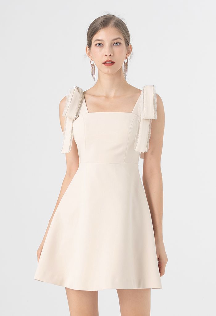 Bowknot Shoulder Crystal Edge Mini Dress in Cream