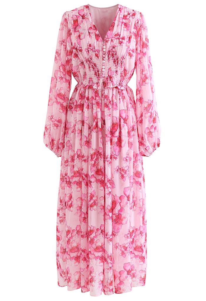 Delicate Floral Shirred Maxi Dress in Hot Pink